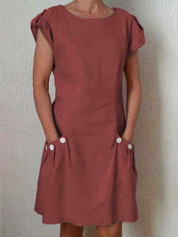 Women-Solid-Color-Short-Sleeve-Pockets-Buttoned-decor-Linen-Dress-1450297