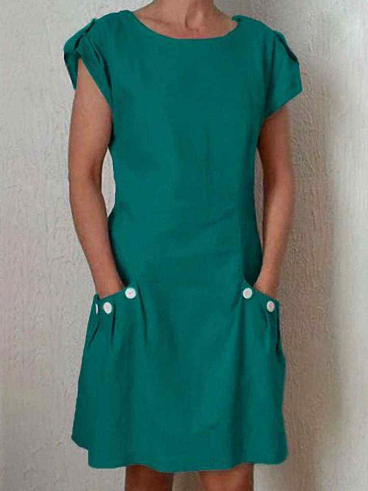 Women-Solid-Color-Short-Sleeve-Pockets-Buttoned-decor-Linen-Dress-1450297
