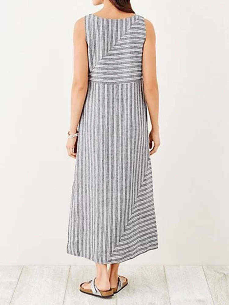 Women-Stripe-Crew-Neck-Sleeveless-Side-Split-Dress-1459269