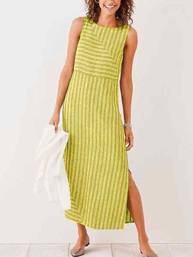 Women-Stripe-Crew-Neck-Sleeveless-Side-Split-Dress-1459269