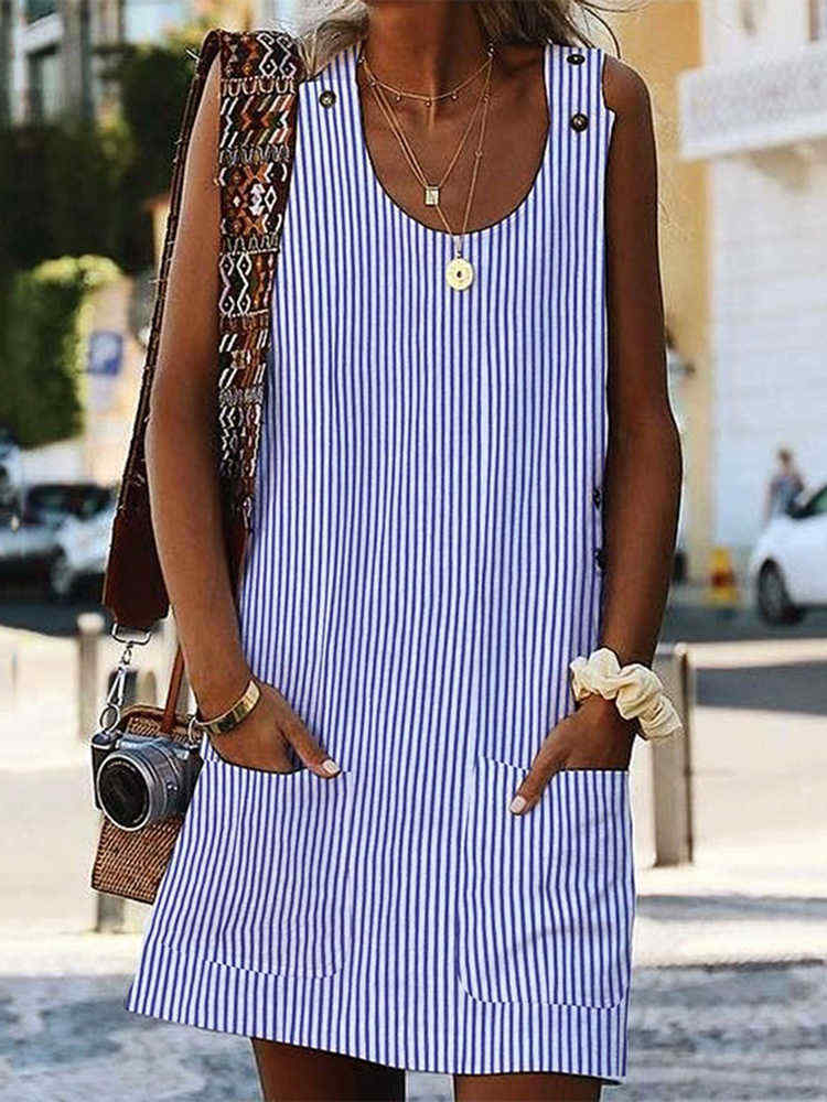 Women-Stripe-Round-Neck-Sleeveless-Short-Dress-with-Pockets-1465795