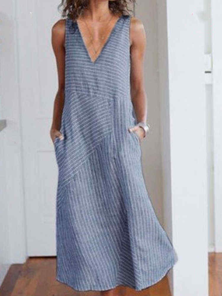 Women-Stripe-V-neck-Sleeveless-Holiday-Casual-Dress-1451978