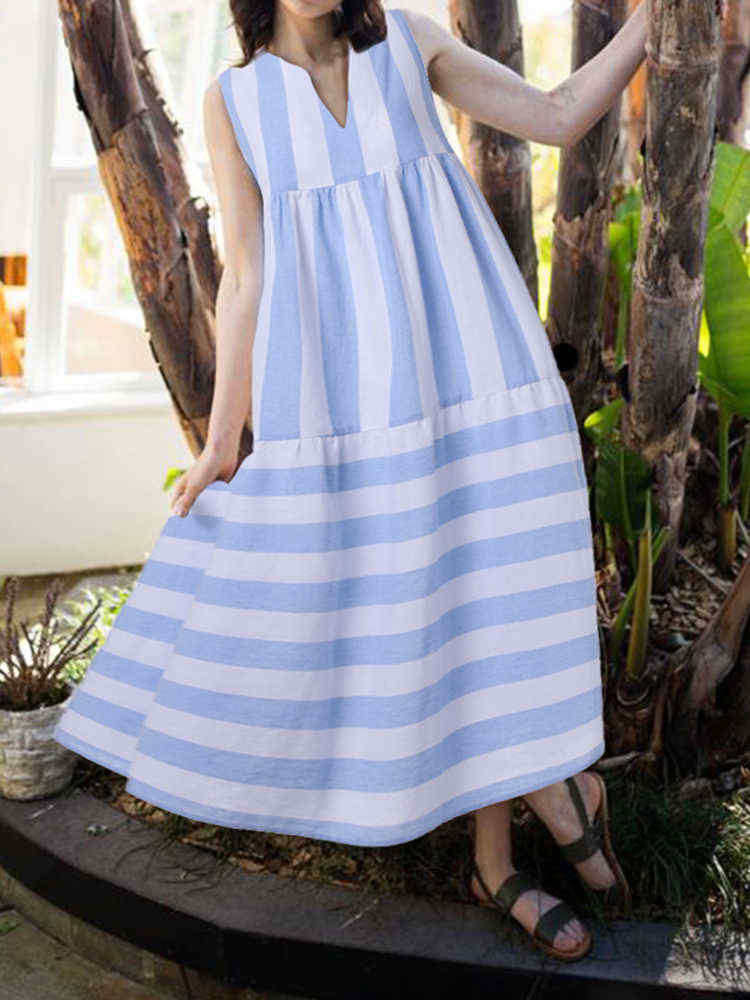 Women-Stripe-V-neck-Sleeveless-Pleated-Loose-Dress-1434964