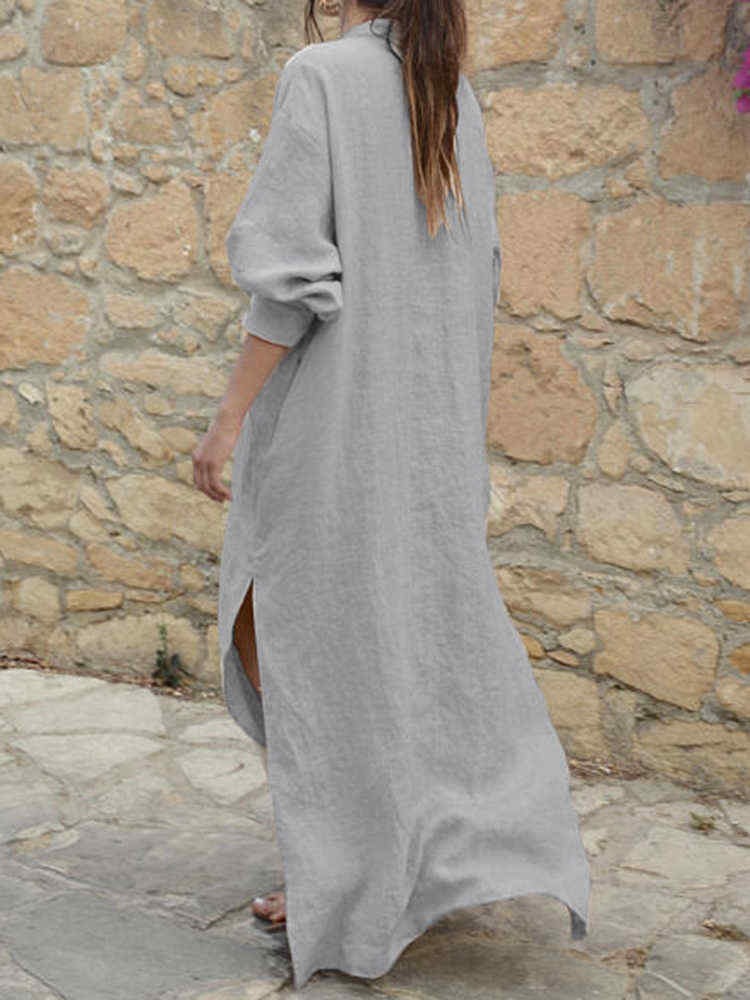 Women-V-neck-Long-Sleeve-Side-Split-Loose-Kaftan-Dress-1380016