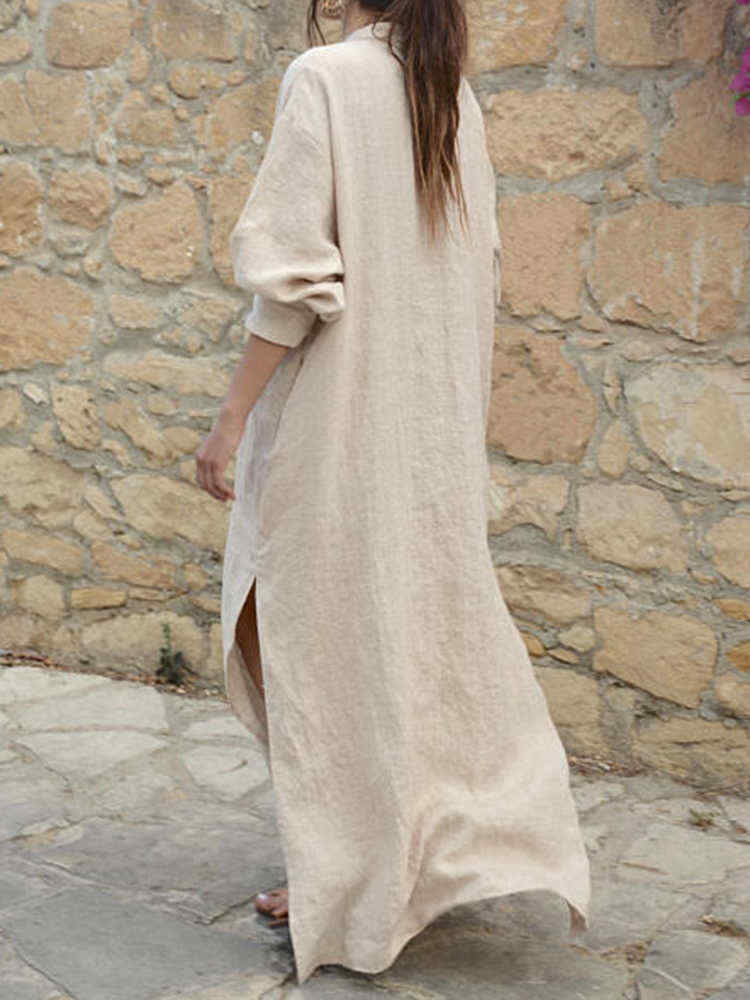 Women-V-neck-Long-Sleeve-Side-Split-Loose-Kaftan-Dress-1380016