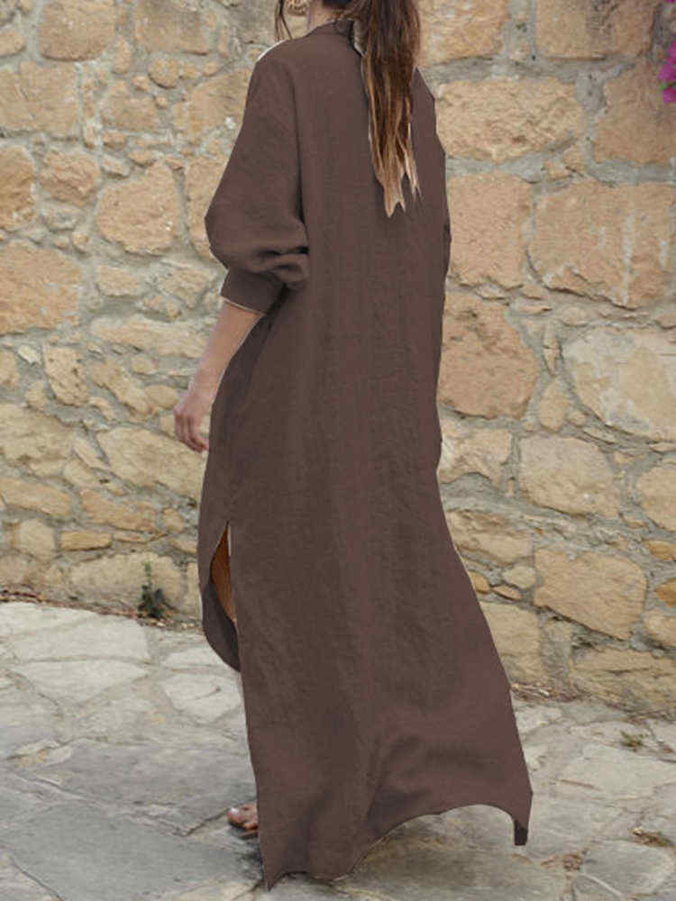 Women-V-neck-Long-Sleeve-Side-Split-Loose-Kaftan-Dress-1380016