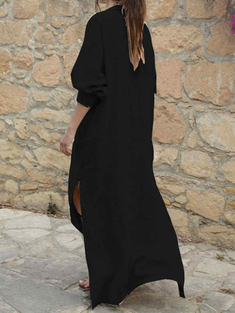 Women-V-neck-Long-Sleeve-Side-Split-Loose-Kaftan-Dress-1380016