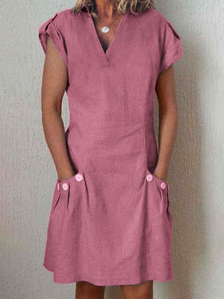 Women-V-neck-Short-Sleeve-Button-Dress-with-Pockets-1450145