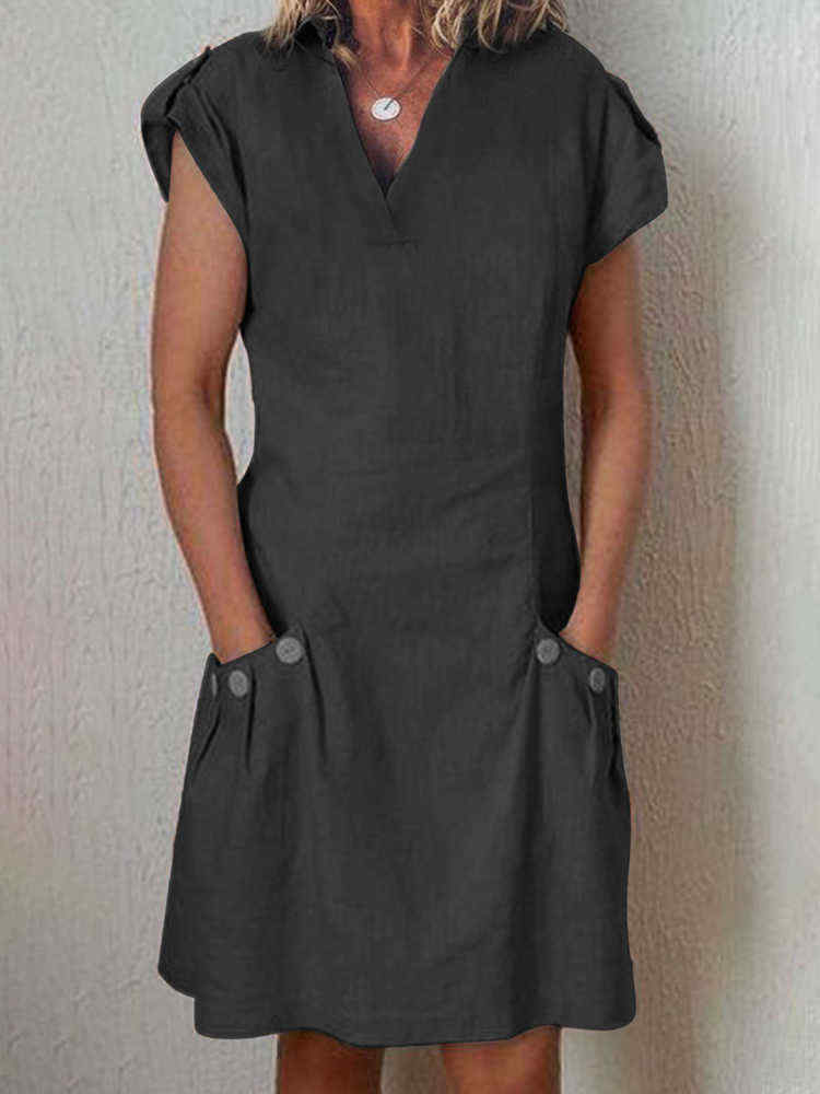 Women-V-neck-Short-Sleeve-Button-Dress-with-Pockets-1450145