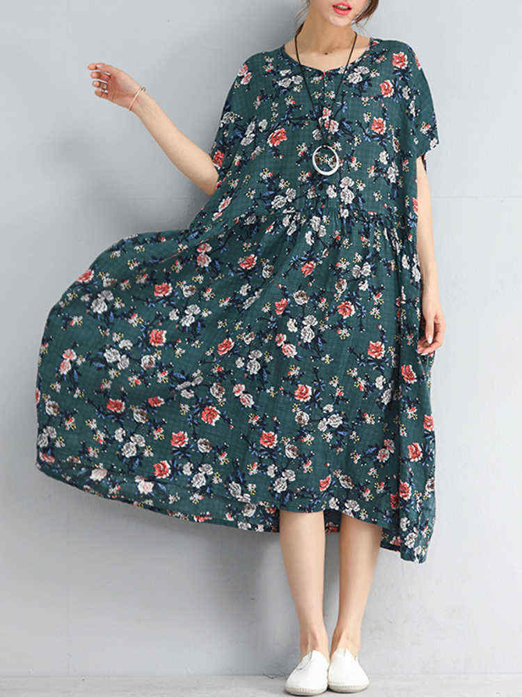 Women-Vintage-Floral-Print-O-neck-Short-Sleeves-Loose-Dress-1286146