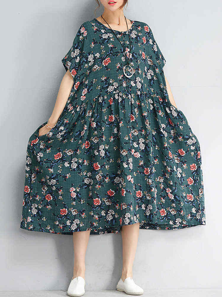 Women-Vintage-Floral-Print-O-neck-Short-Sleeves-Loose-Dress-1286146