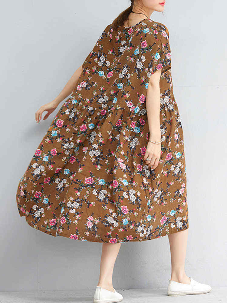 Women-Vintage-Floral-Print-O-neck-Short-Sleeves-Loose-Dress-1286146