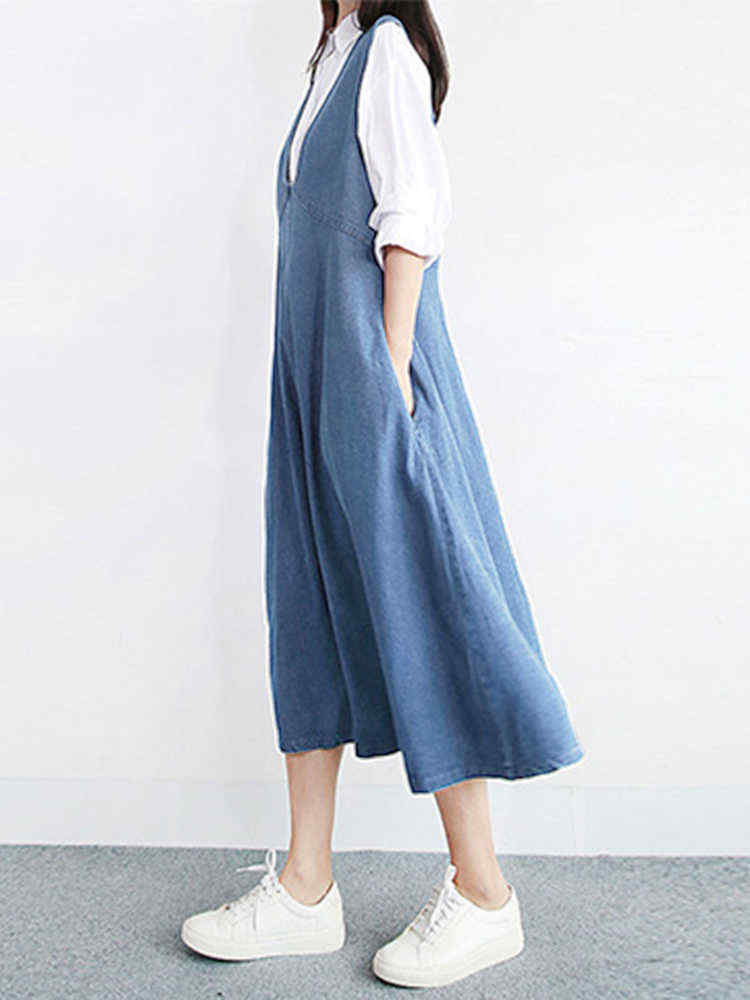 Women-Vintage-V-neck-Sleeveless-Pleated-Denim-Dress-1305849