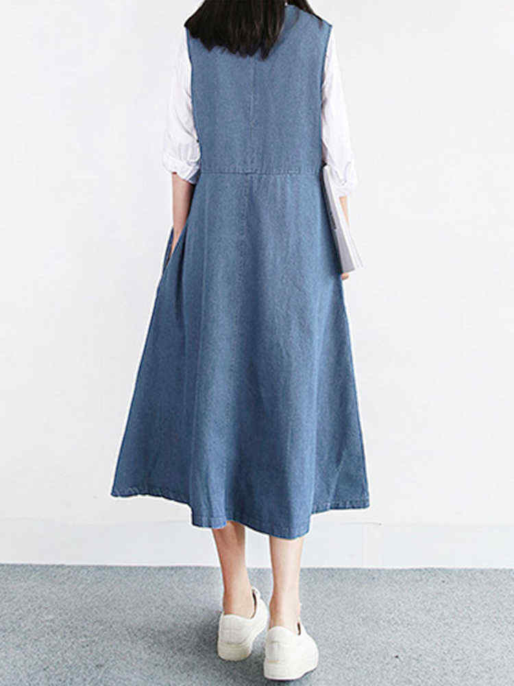 Women-Vintage-V-neck-Sleeveless-Pleated-Denim-Dress-1305849