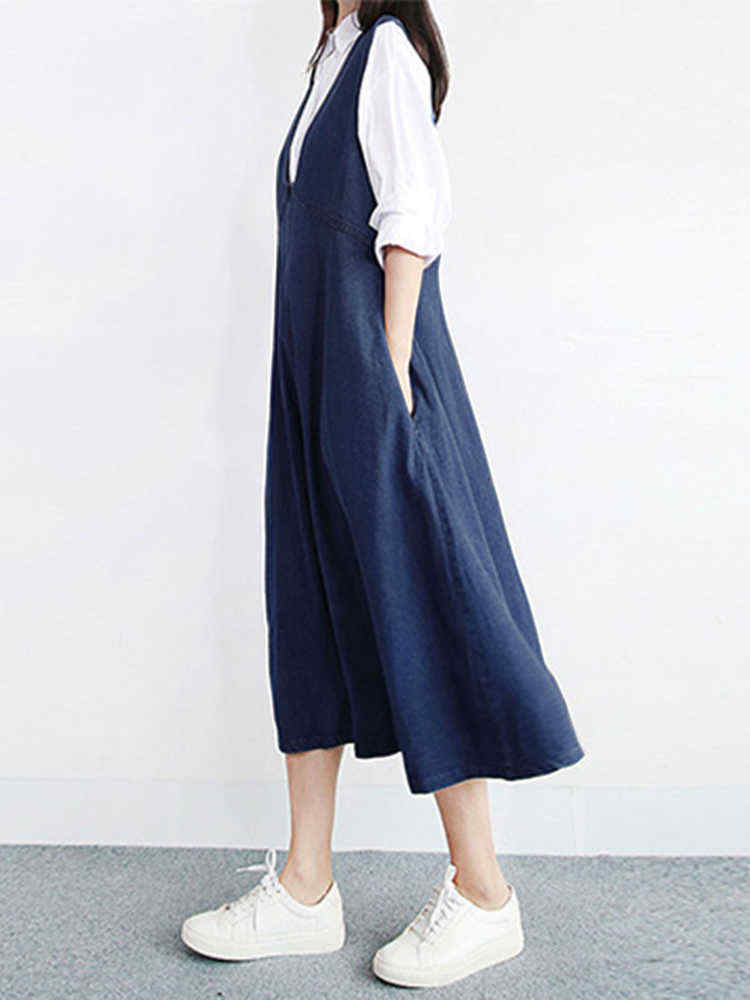 Women-Vintage-V-neck-Sleeveless-Pleated-Denim-Dress-1305849