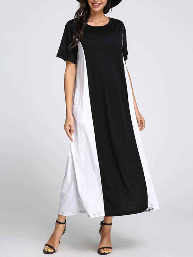 Womens-O-neck-Two-tone-Patchwork-Short-Sleeves-Maxi-Dress-1285988