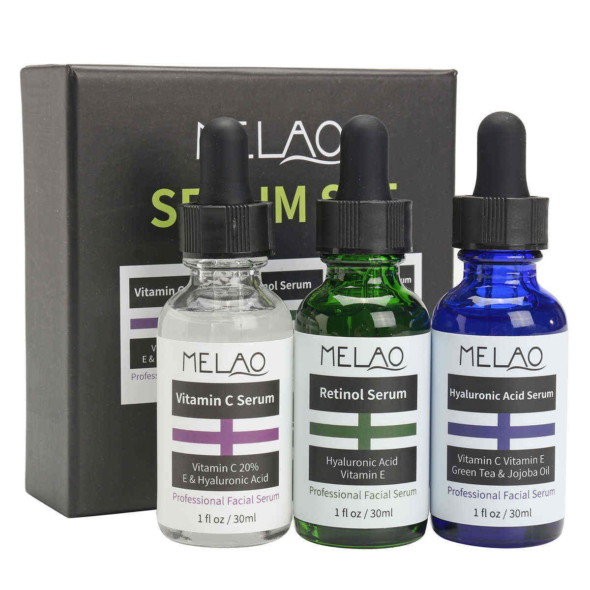 Melao-3pcs-Vitamin-C-Retinol-Hyaluronic-Acid-Serum-Kit-Green-Tea-Jojoba-Oil-Tighten-Rejuvenating-1261338