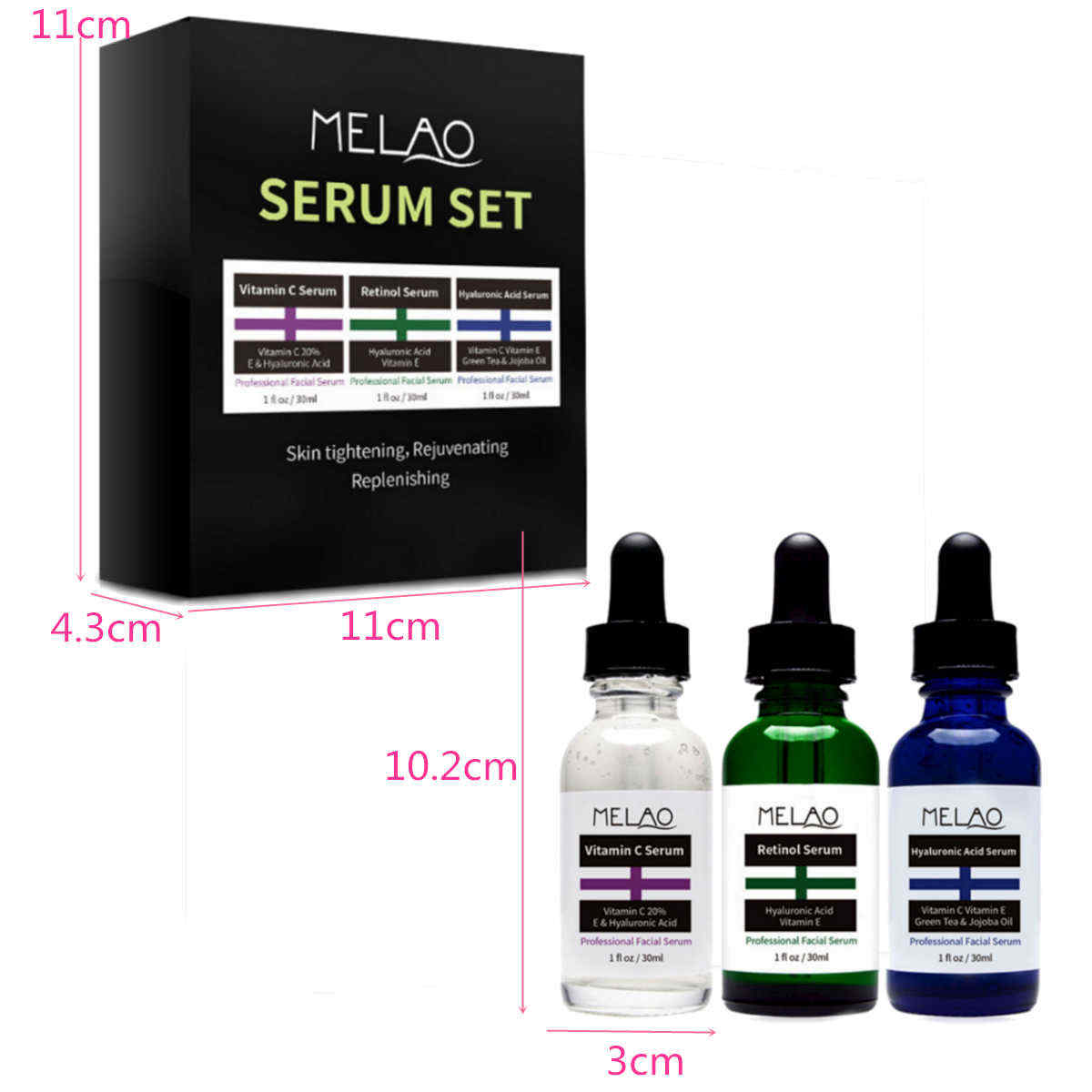 Melao-3pcs-Vitamin-C-Retinol-Hyaluronic-Acid-Serum-Kit-Green-Tea-Jojoba-Oil-Tighten-Rejuvenating-1261338