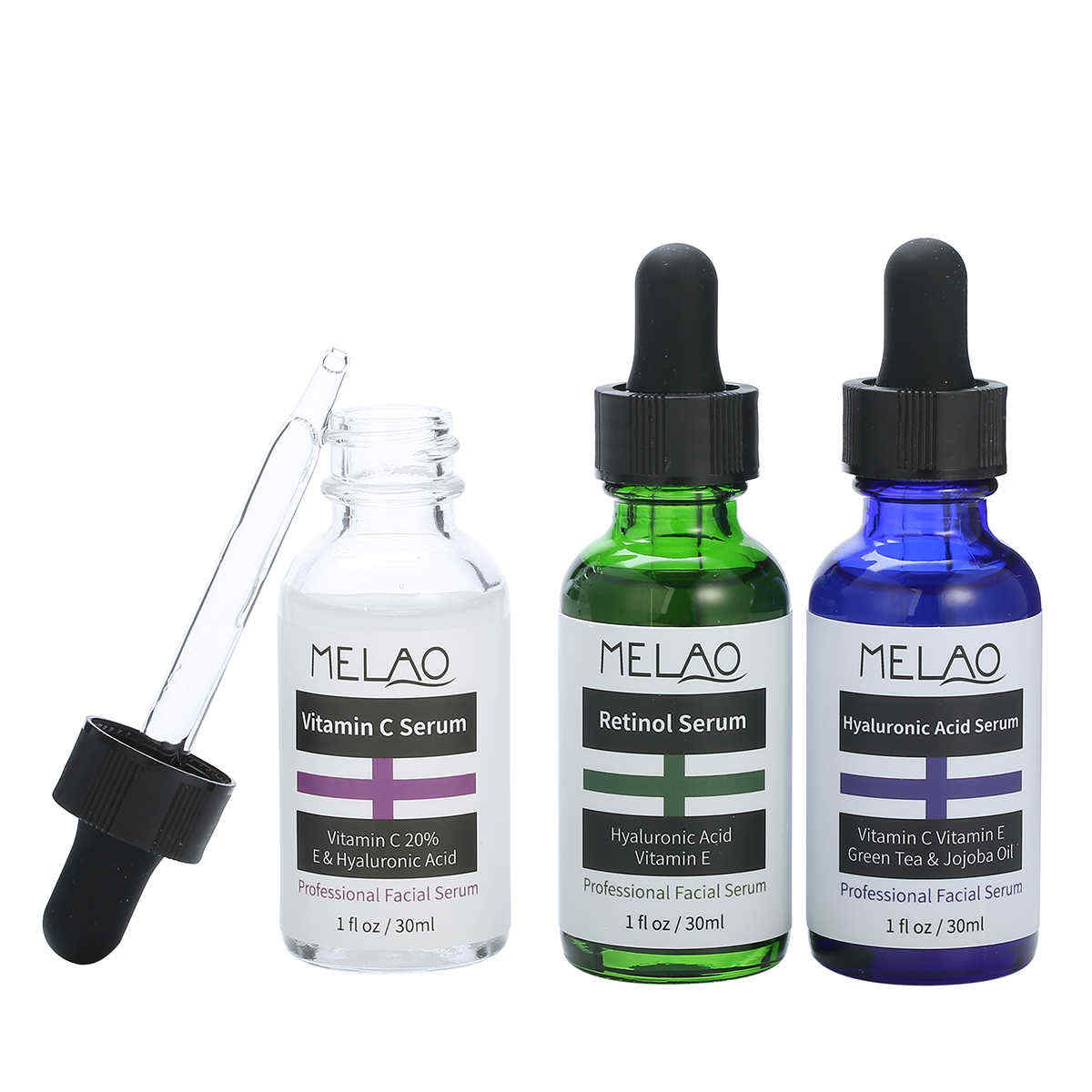 Melao-3pcs-Vitamin-C-Retinol-Hyaluronic-Acid-Serum-Kit-Green-Tea-Jojoba-Oil-Tighten-Rejuvenating-1261338