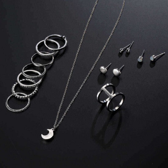 12 Pcs of Gold Silver Plated Rings Crystal Earrings Necklace Jewelry Set