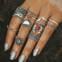 14 Pcs Bohemian Statement Ring Set Turquoise Flower Engraved Knuckle Rings for Women