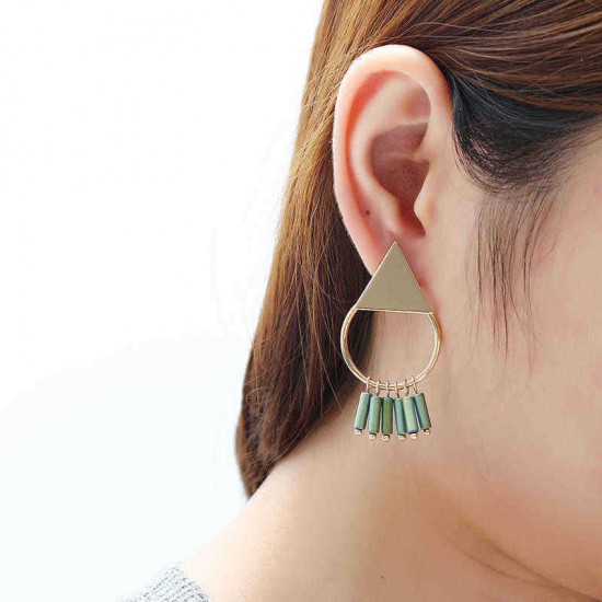 18K Gold Plated Simple Geometric Green Tassel Pendant Ear Stud Fashion Earrings for Women