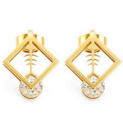 1pc Square Fish Bone Zircon Crystal Stud Earrings Gold Silver Plated