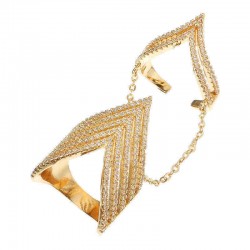 24K Gold Plated Punk Arrow Shape Chain Linked Two Rings Statement Sparkling Zircon Jewelry for Women