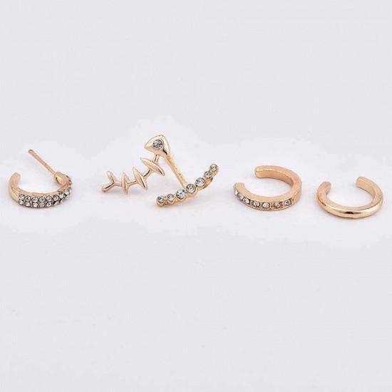 4Pcs Geometric Gold Earring Set Fish Bone Rhinestones Ear Stud Ear Clip Earrings for Women