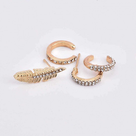 4Pcs Rhinestones Earring Set Gold Ear Clip Leaf Ear Stud Earrings Gift for Women