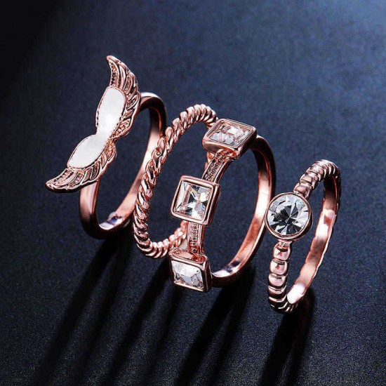 4pcs Rose Gold Zircon Ring Set Twist Line Enamel Wings Fashion Accessories Jewelry Wholesale