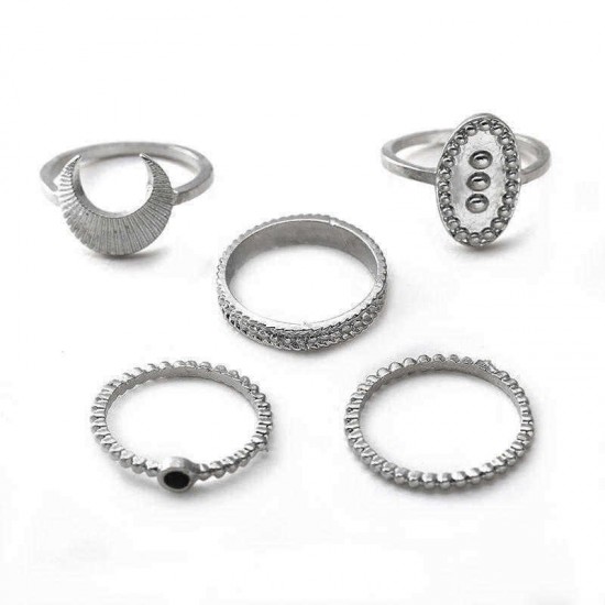 5 Pcs Bohemian Finger Rings Set Moon Oval Shield Ring Fashion Jewelry for Women