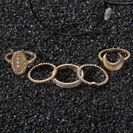 5 Pcs Bohemian Finger Rings Set Moon Oval Shield Ring Fashion Jewelry for Women