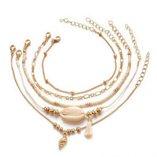 5 Pcs Bohemian Multilayer Gold Bracelet Set Shell Conch Bead Chain Charm Bracelet for Women