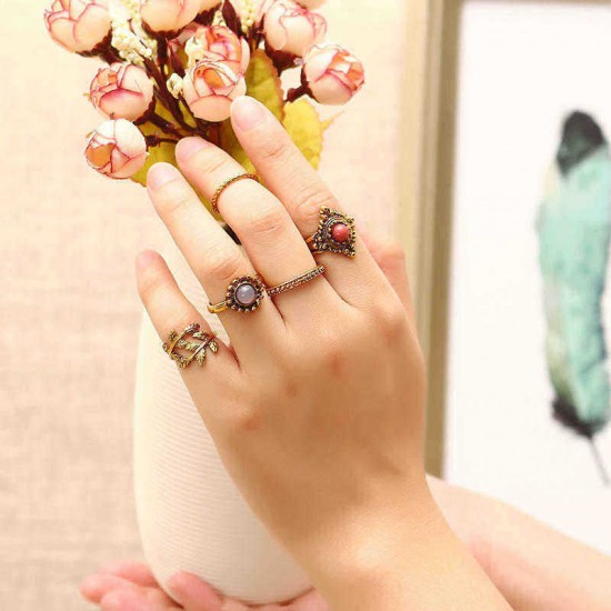 5 Pcs Punk Leaf Ring Set Retro Golden Zinc Alloy Red and Purple Stone Knuckle Ring Jewelry for Women