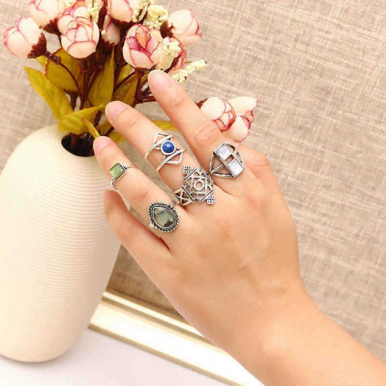 5 Pcs Stylish Bohemian Geometric Alloy Resin Ring Set Jewelry for Women