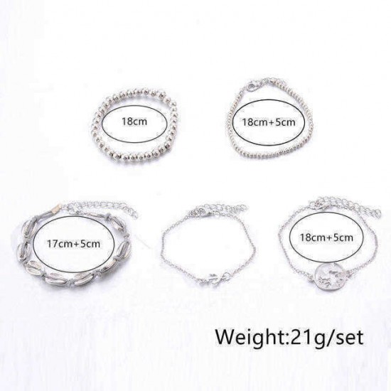 5-piece Simple Fashion Metal Shell Map Silver Beads Anchor Bracelet