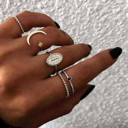 5Pcs Bohemian Finger Ring Set Moon Star Open Close Rings Fashion Jewelry for Women