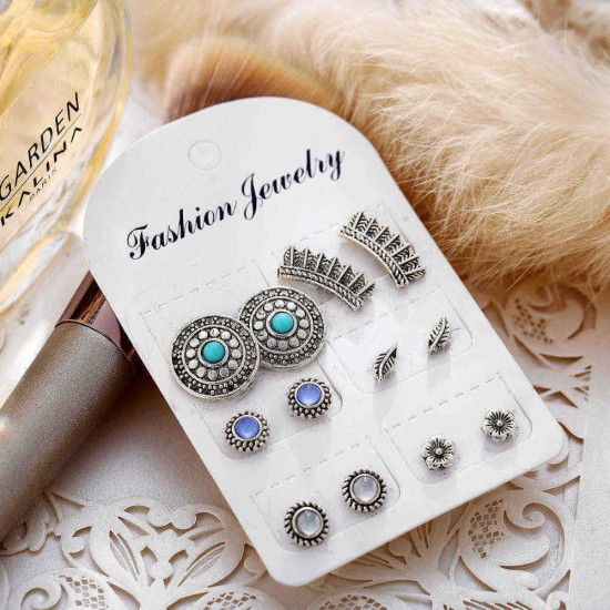 6 Pairs Retro Ear Stub Earring Set Vintage Carved Diamond Flower Earring For Women