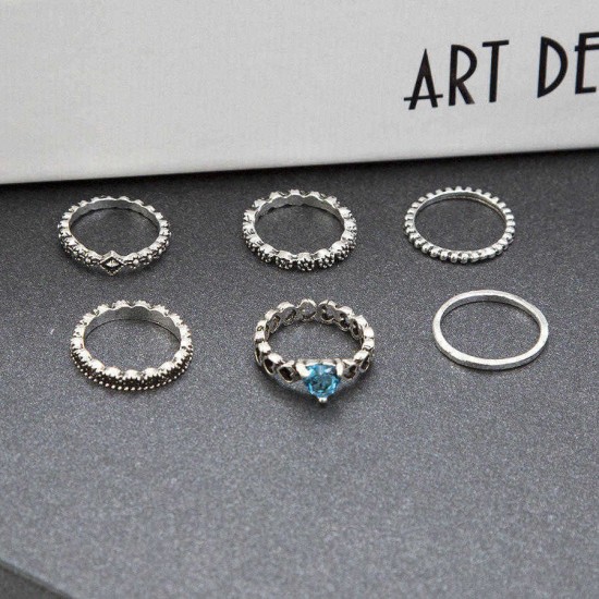 6 Pcs/Set Ethnic Antique Silver Rhinestone Heart Shape Finger Ring Geometry Knuckle Ring for Women