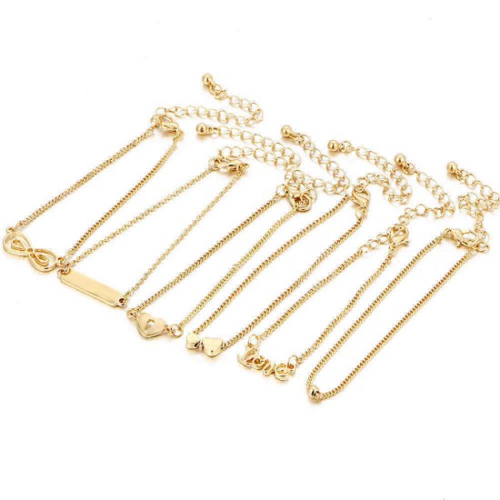 6 Pcs/Set Trendy Heart Shape Lucky Chain Love Gold Color Anklet Jewelry for Women