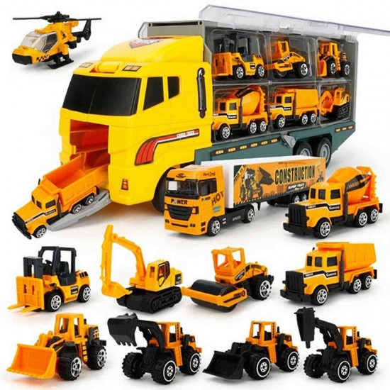 6/12 PCS 11 In 1 Diecast Construction Truck Vehicle Car Model Toy Set Play Vehicles in Carrier Truck