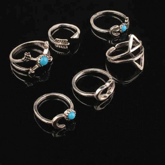 6Pcs Vintage Exaggerated Geometric Turquoise Moon Arrow Ring