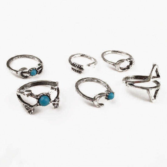 6Pcs Vintage Exaggerated Geometric Turquoise Moon Arrow Ring