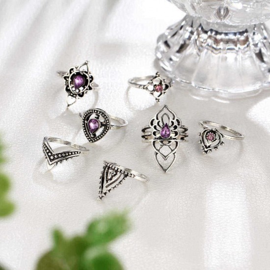 7 Pcs Purple Crystal Trendy Ring Set Hollow Flower Knuckle Ring Jewelry Gift for Women