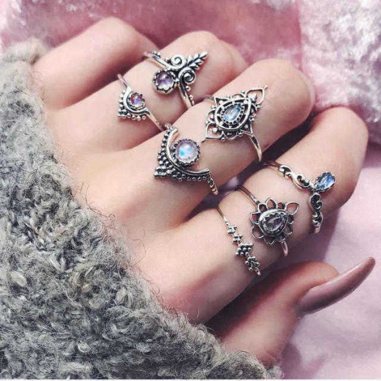 7Pcs Retro Ethnic Style Openwork Gem Joint Ring