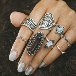 8 Pcs Bohemian Silver Color Ring Set Turquoise Gem Knuckle Rings Gift for Women