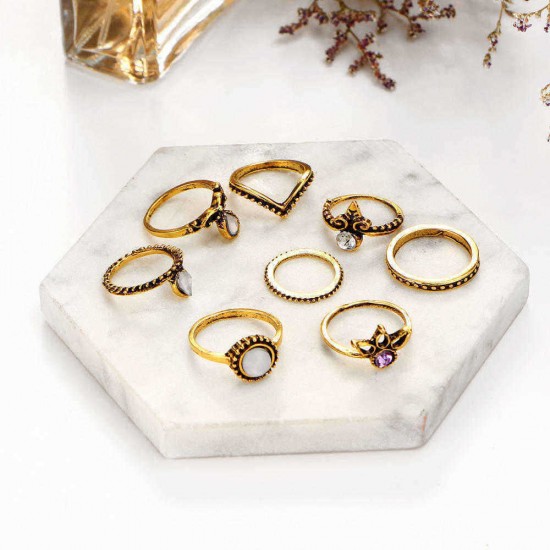 8 Pcs Women Trendy Gift Ring Set Vintage Crystal Geometric Gem Casual Knuckle Rings