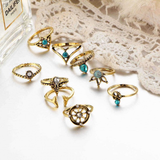 9 Pcs Vintage Statement Ring Set Helm Leaf Knuckle Rings Bohemian Jewelry for Women