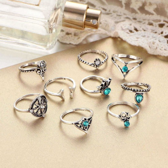 9 Pcs Vintage Statement Ring Set Helm Leaf Knuckle Rings Bohemian Jewelry for Women